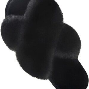 Women's Fuzzy Slippers Comfy Cross Band House Shoes Memory Foam Open Toe Indoor